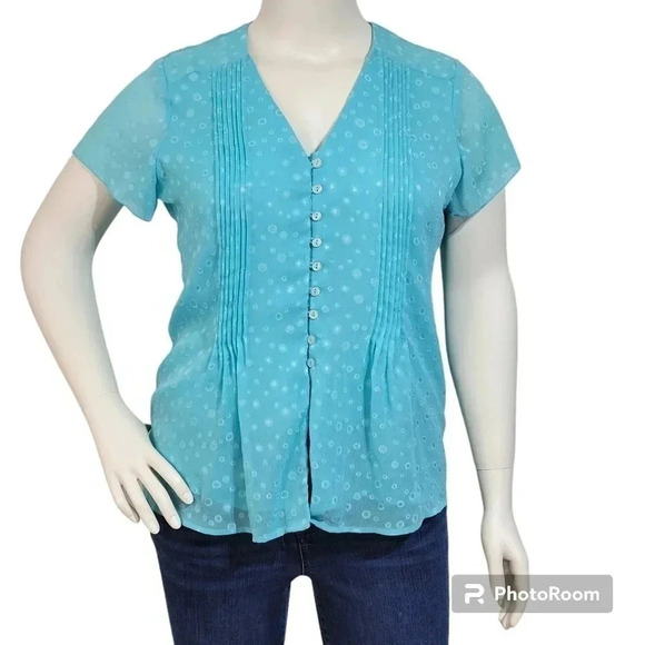 Notations Women's Top XL Teal With Circle Design Vneck Button Up. - Picture 1 of 11